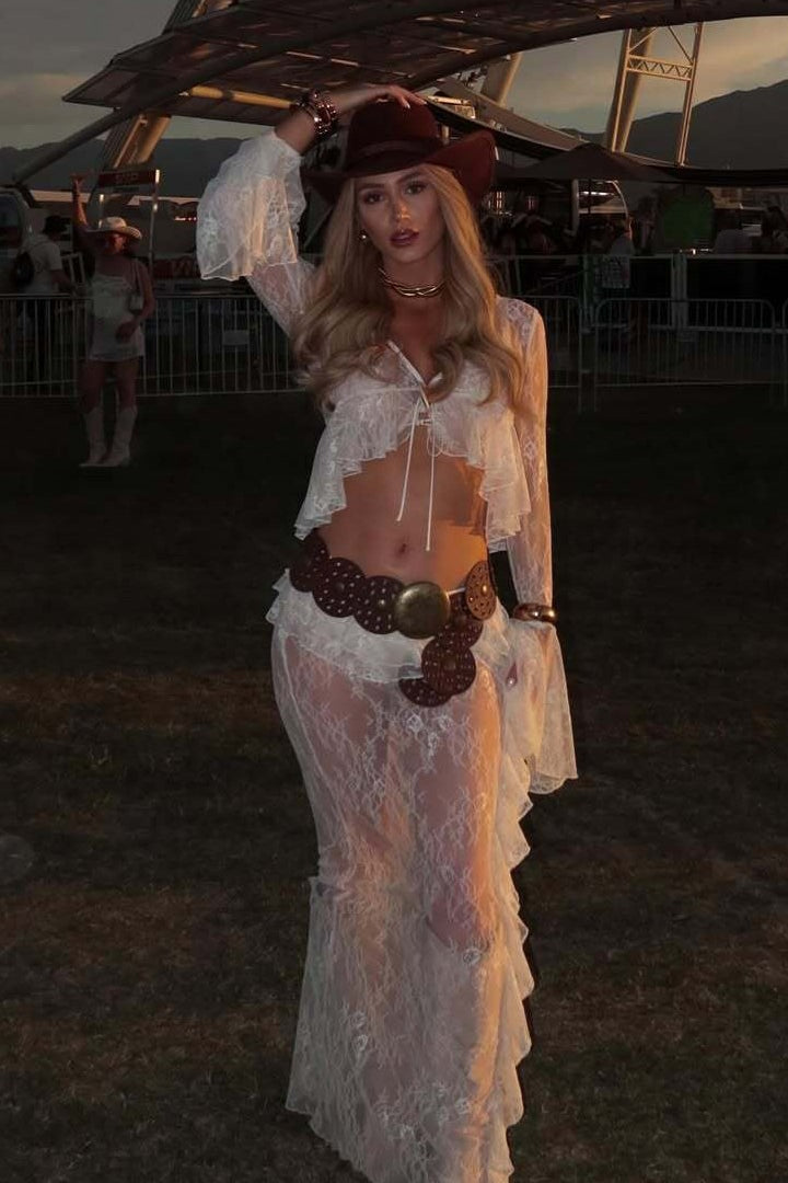 Ruffle Lace Sheer Bell Sleeve Boho Skirt Set