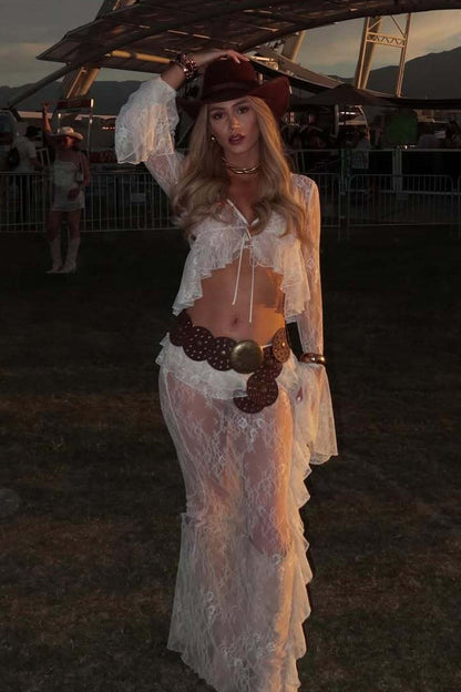 Ruffle Lace Sheer Bell Sleeve Boho Skirt Set
