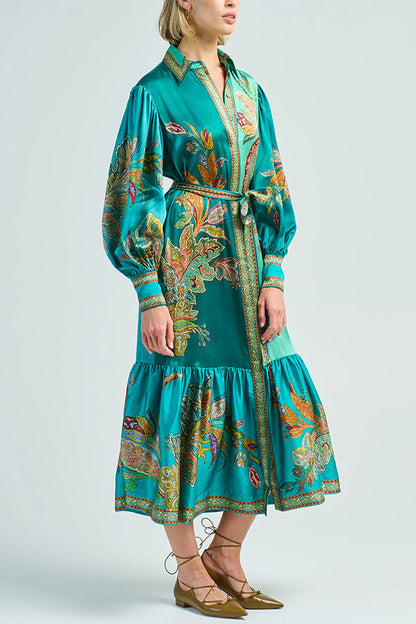 Paisley Print Lantern Sleeve Lace Up Belted Ruffle Hem Midi Shirt Dress