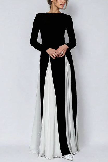 Long Sleeve Crew Neck Paneled Pleated Godet A-Line Maxi Dress