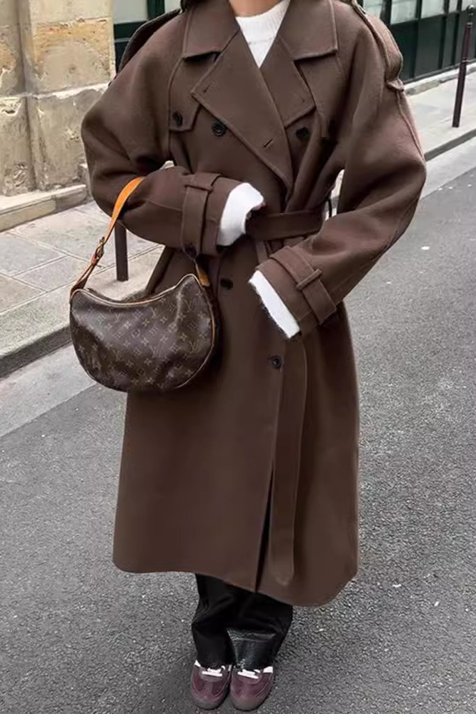 Notched Lapel Long Wool Cinch Belt Overcoat