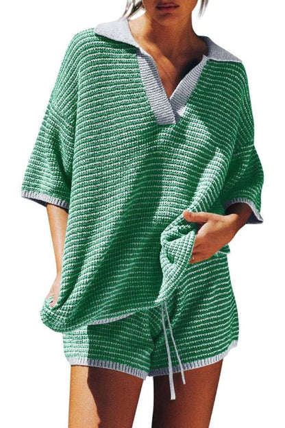 Striped Polo Neck Knit Set