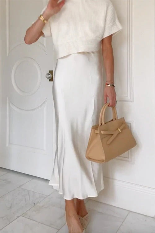 High Rise Solid Satin Midi Skirt