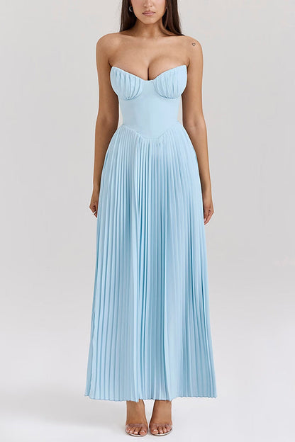 Strapless Sweetheart Pleated Bust Basque Waist Accordion Pleat Maxi Gown
