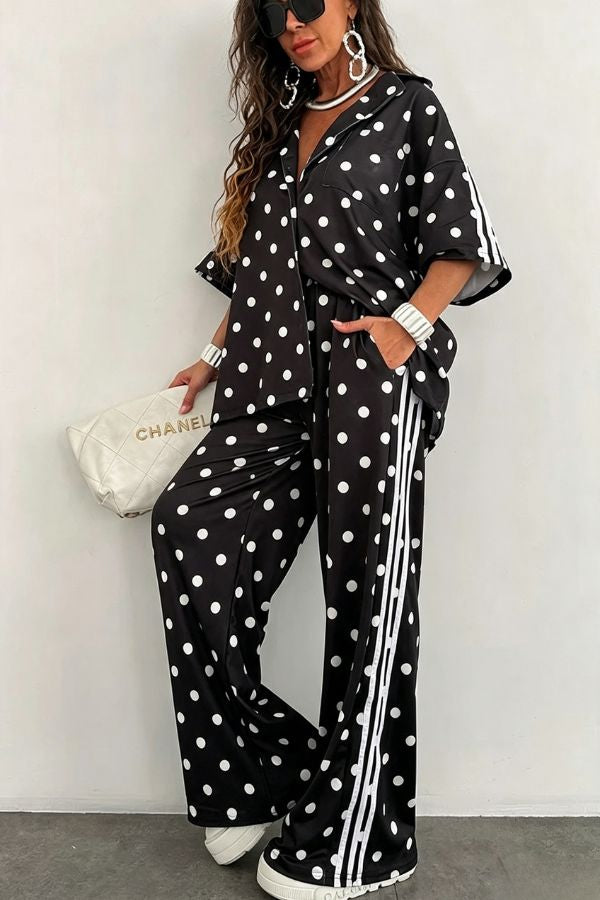 Chris Color Blocked Polka Dot Print Short Sleeve Loose Shirt and Elastic Waist Pocket Pants Tracksuit