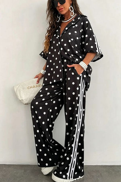 Chris Color Blocked Polka Dot Print Short Sleeve Loose Shirt and Elastic Waist Pocket Pants Tracksuit