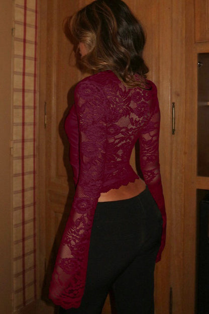 Lace Patchwork Sheer Slim Long Sleeve Tee