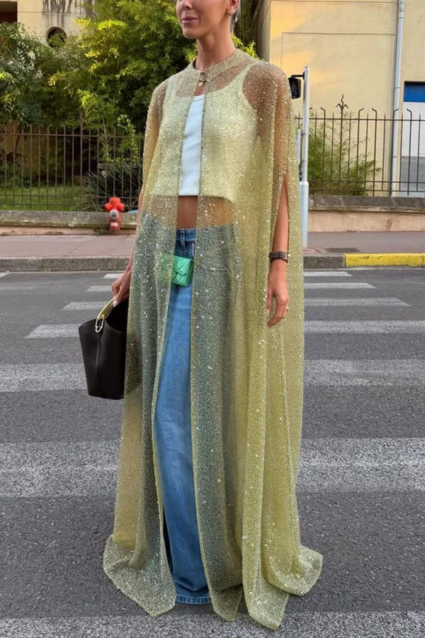 Sparkle Night Sheer Sequin Maxi Cover-up Cape