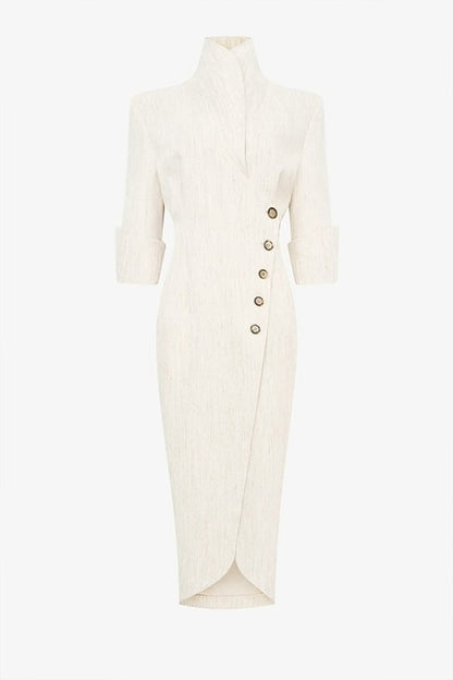Elegant Look Linen Blend Stand Lapel Neck Half Sleeve Side Button Midi Dress