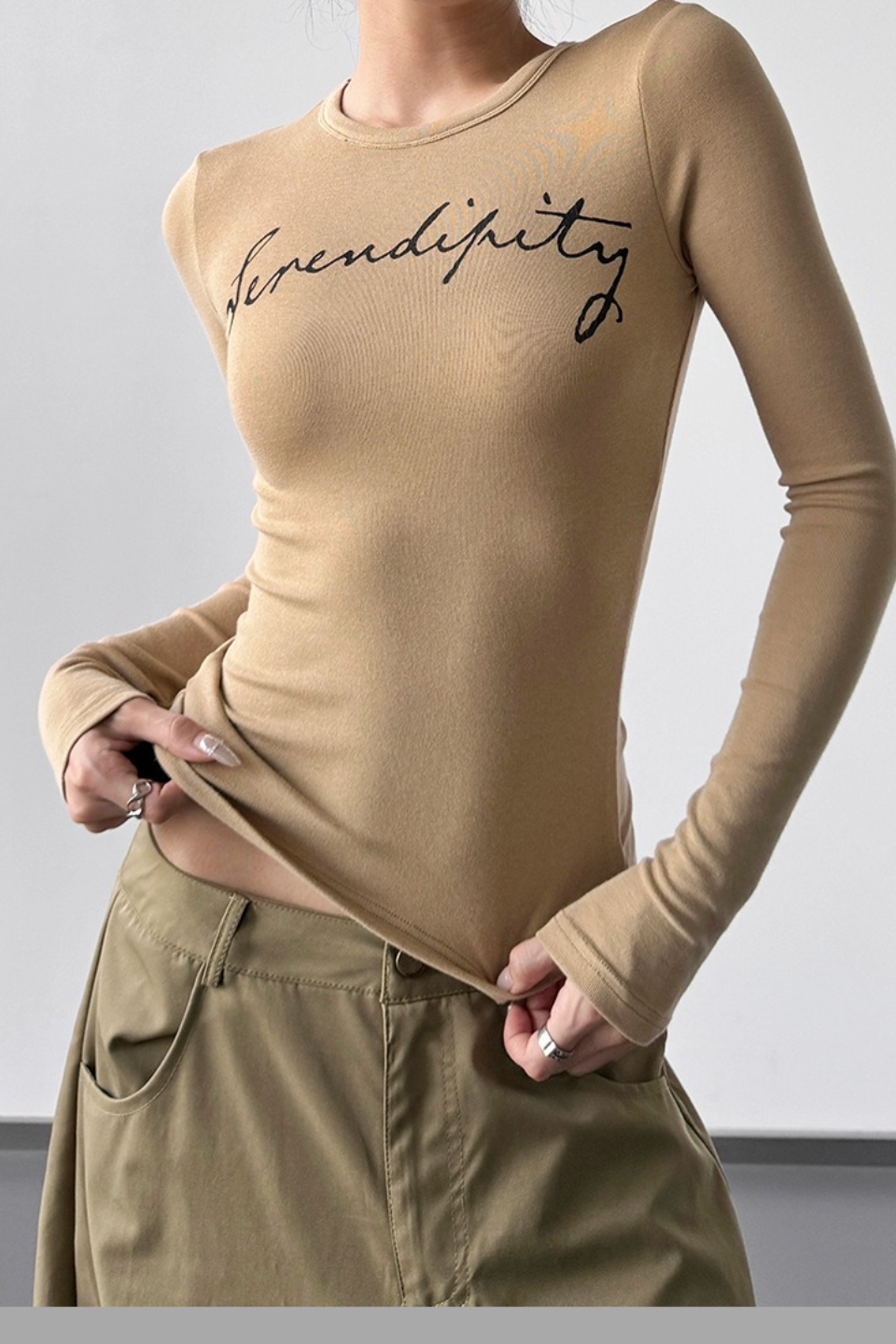 Letter Embroidered Slim Crop Crew Neck Long Sleeve Crop Top
