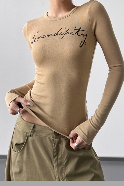 Letter Embroidered Slim Crop Crew Neck Long Sleeve Crop Top