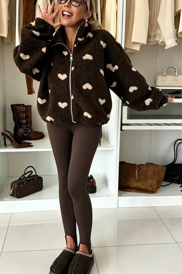 Playful Heart Pattern Teddy Bear Fleece Material Contrast Color Long Sleeve Pocket Zipper Coat
