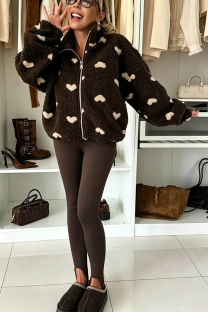 Playful Heart Pattern Teddy Bear Fleece Material Contrast Color Long Sleeve Pocket Zipper Coat