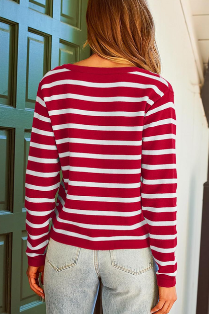 Casual Daily Stripe Buttons Weave O Neck Outerwear