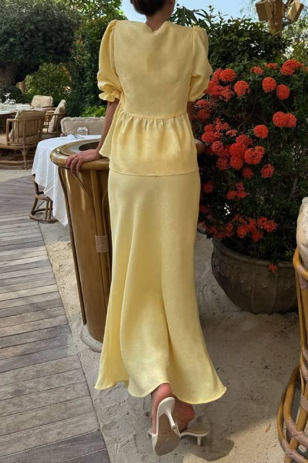 Linen Two-Piece Set with Tie-Front V-Neck Puff Sleeve Peplum Top & High-Waist Midi Skirt