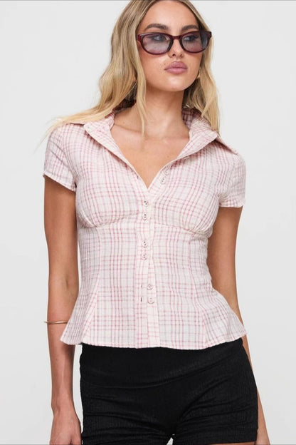 Plaid Double Button Slim Fit Shirt Blouse