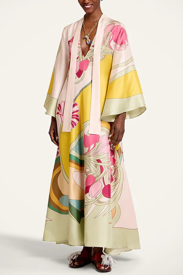 Darla Satin Colorful Baroque Style Printed Tie-up Neck Bell Sleeve Maxi Dress