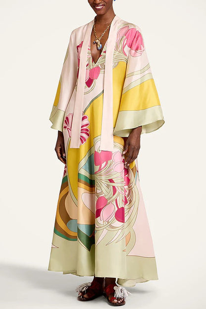 Darla Satin Colorful Baroque Style Printed Tie-up Neck Bell Sleeve Maxi Dress