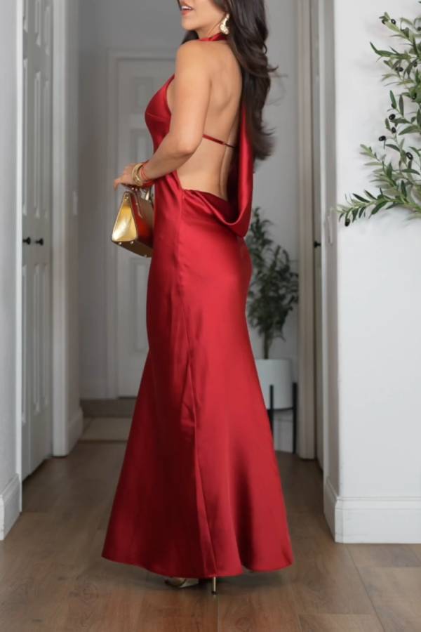 LONG SATIN HALTER DRESS