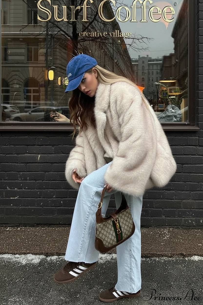 White Tip-Dyed Faux Fox Fur Mid-Length Coat