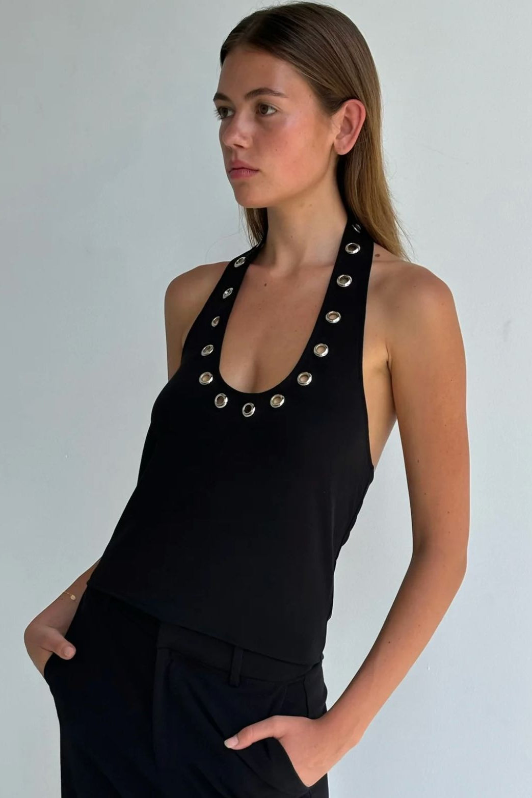Metal Ring Cut Out Halter Sexy Fitted Halter Top