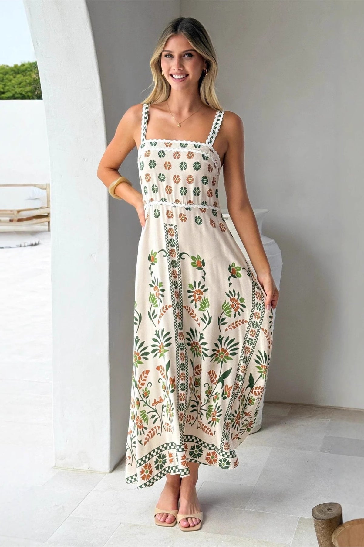 Linen Lace Trim Spaghetti Strap Boho Dress