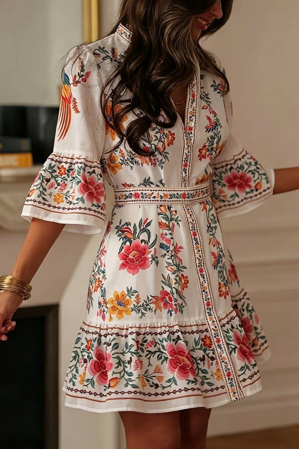 Bohemian Floral Print Flare-Sleeve Mini Dress