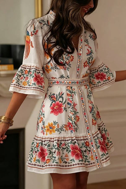 Bohemian Floral Print Flare-Sleeve Mini Dress