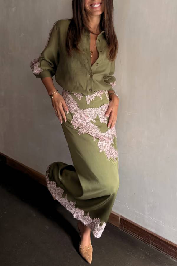 Eye-catching Work Contrast Color Satin Lace Trim Mid Rise Maxi Skirt