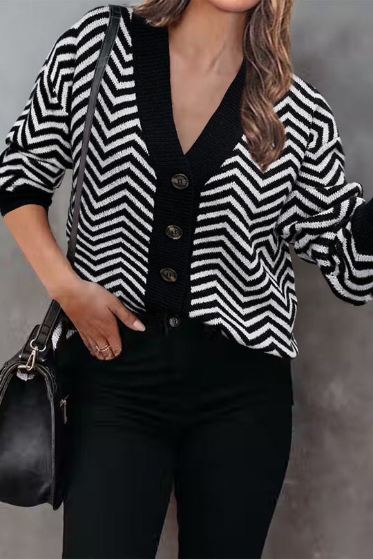 Long Sleeve V Neck Open Front Striped Knit Cardigan Sweaters