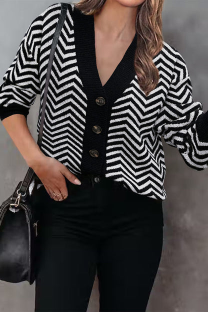 Long Sleeve V Neck Open Front Striped Knit Cardigan Sweaters