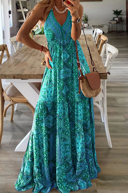 Paisley Print Deep V-Neck Spaghetti Strap Empire Waist Tiered Maxi Dress