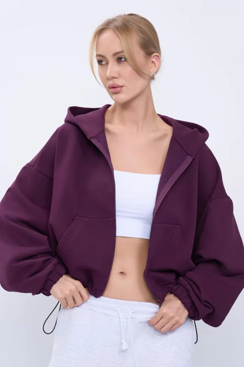 Cropped Fleece Zip Adjustable Waist Hoodie