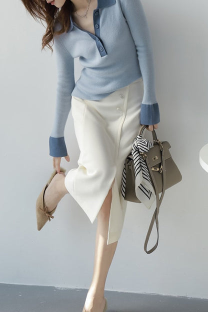 Polo Collar Contrast Cuff Knit Top