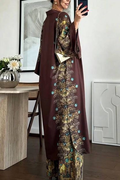 Exotic Printed Gemstone Crop Tank and Elastic Waist Pocket Pants and Kimono Cover-up 3 Pieces Set