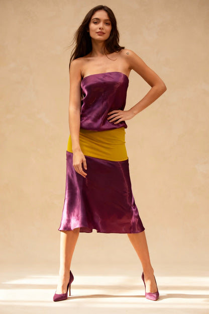 Satin Strapless Color Block Waistband A-Line Midi Dress