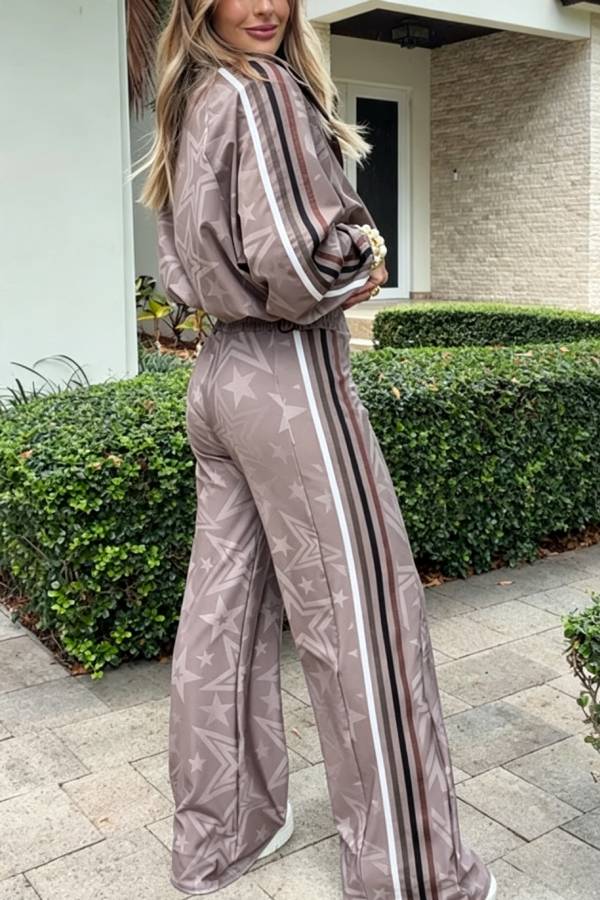 Rylee Colorblock Striped Star Print High Rise Elastic Waist Wide Leg Pants