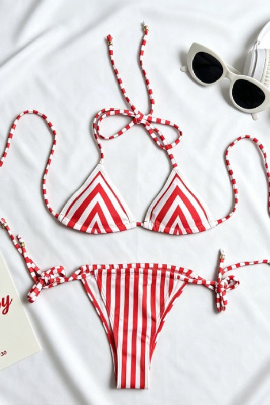 Retro Striped Print Triangle Tie Bikini Set