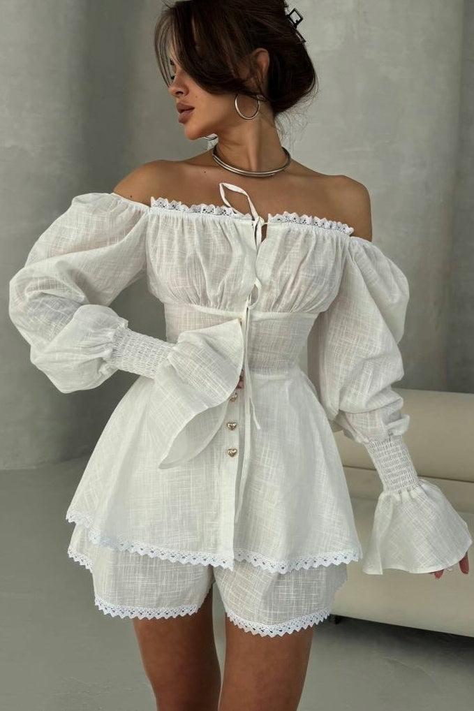 Lantern Sleeve Lace Up Off Shoulder Top Two Piece Shorts Set