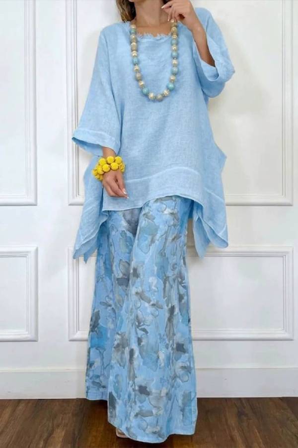 Raw Edge Neck Irregular Linen Top & Ink Floral Wide Leg Pants Set