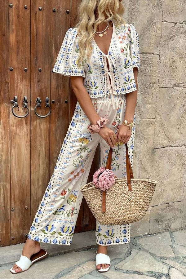Bohemian Floral Print Tie Front Crop Top & Wide Leg Pants Two-Piece Set