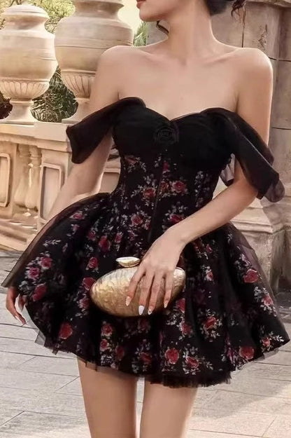 Off Shoulder Mesh Bubble Sleeve Mini Floral Dress