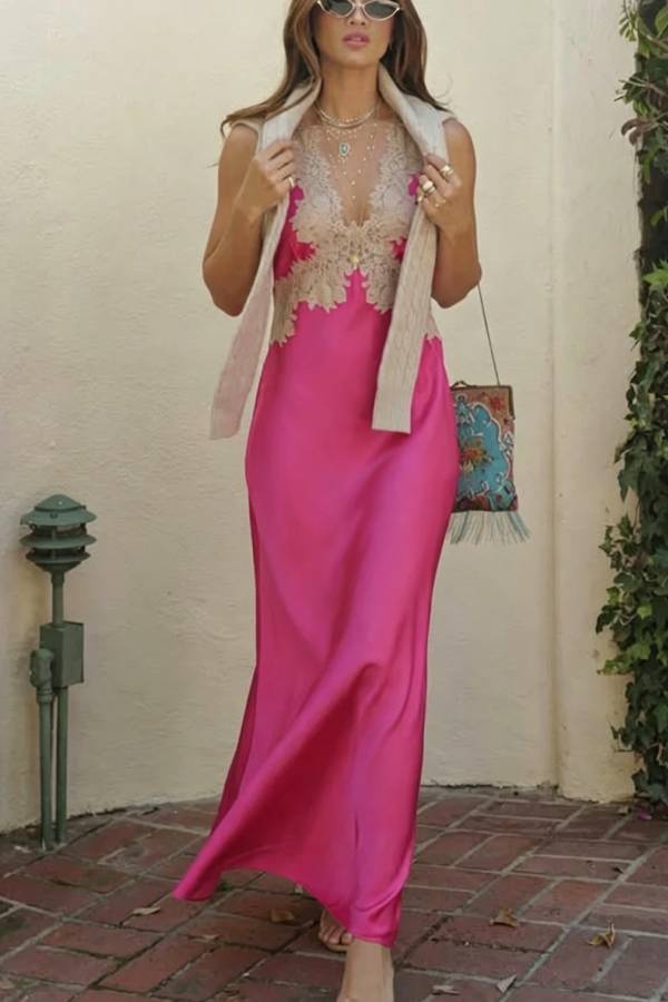 A Little Sultry Satin Floral Lace Trim V-neck Sleeveless Drape Maxi Dress
