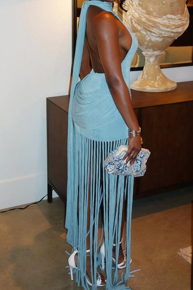 Solid Halter Backless Fringe Sexy Boho Dress
