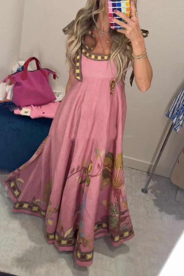 Linen Blend Unique Printed Tie-up Suspenders Pocket Elegant Vacation Maxi Dress