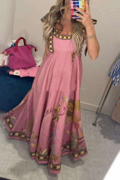 Linen Blend Unique Printed Tie-up Suspenders Pocket Elegant Vacation Maxi Dress