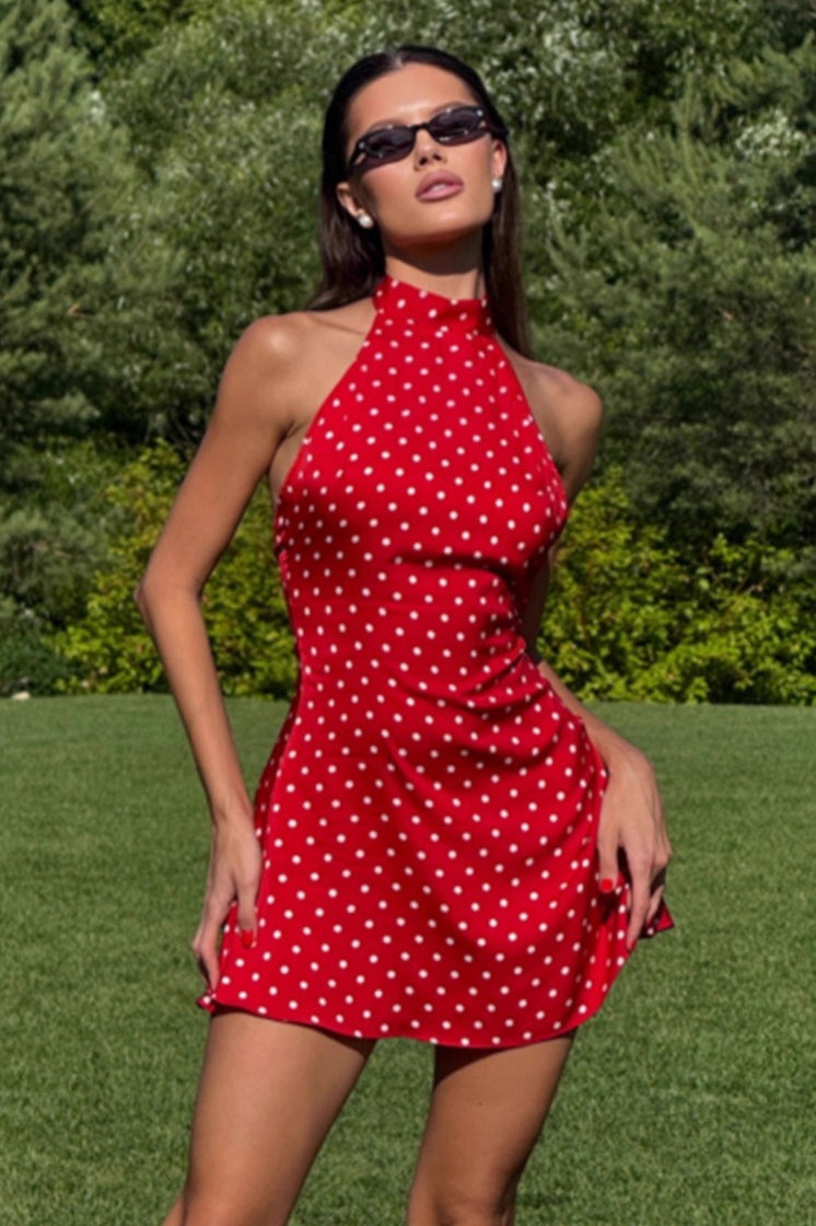 Polka Dot Waist Cinched Sleeveless Bodycon Dress