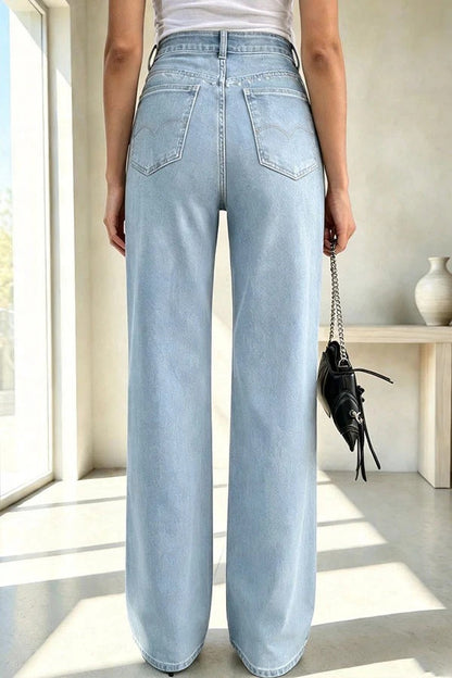 Janae Denim Pearl Beaded Detail Mid Waist Pocket Wide Leg Jeans