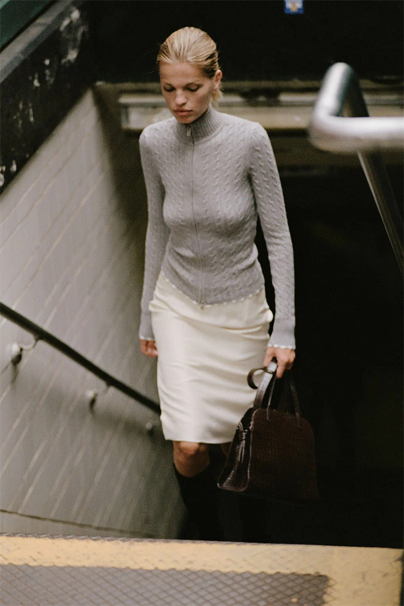 Mock Neck Lace Trim Knit Top