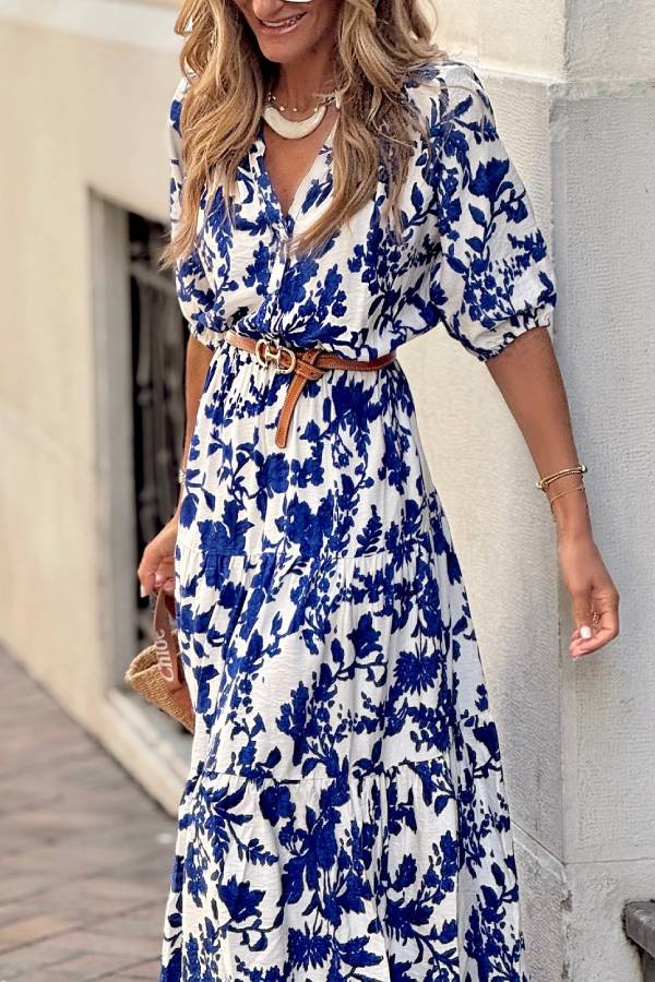 Blue and White Porcelain Floral Print V-Neck Puff Sleeve Cinched Waist Tiered Maxi Dress